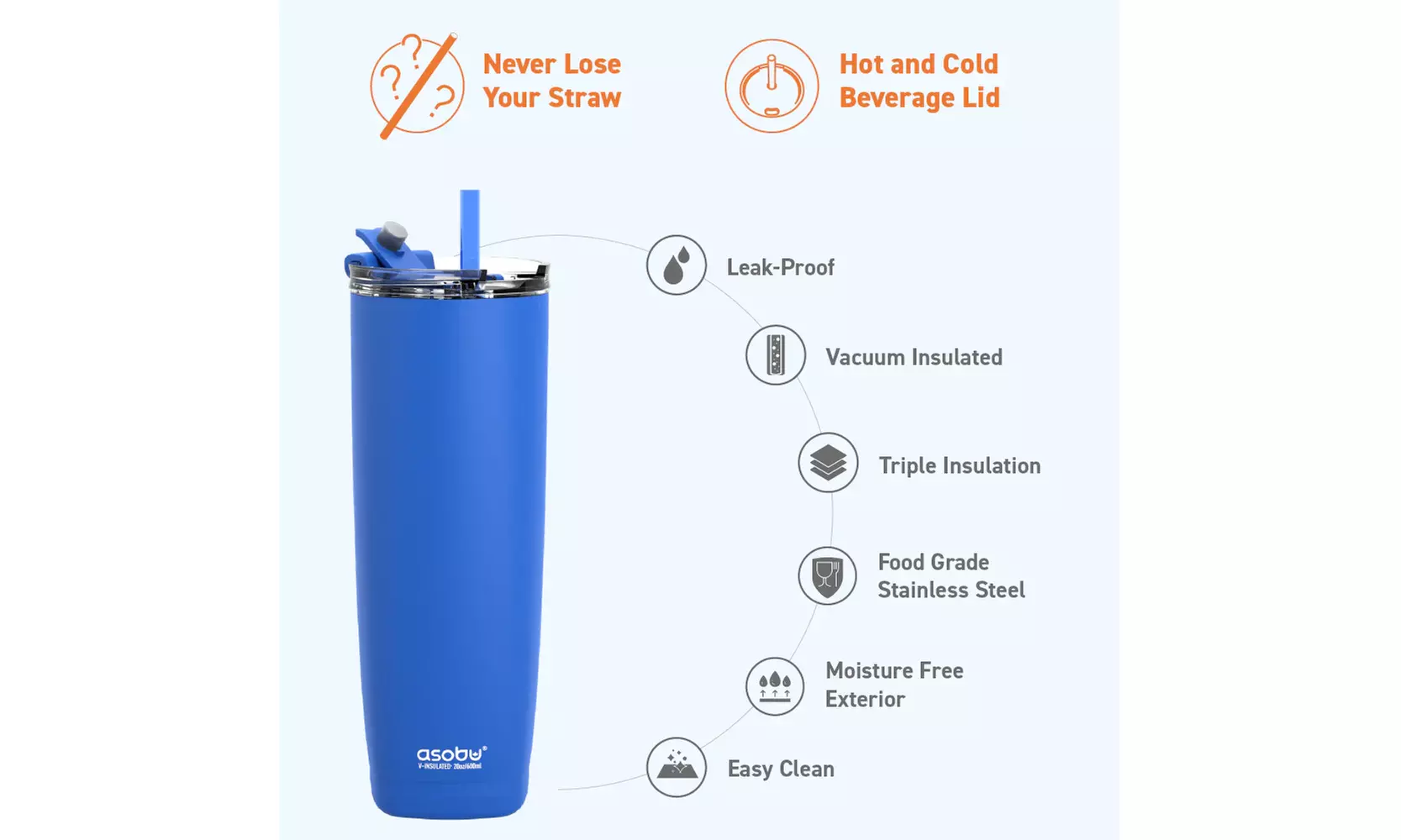 Asobu Aqualina 20oz Insulated Tumbler Water Bottle with Leakproof Lid and Straw