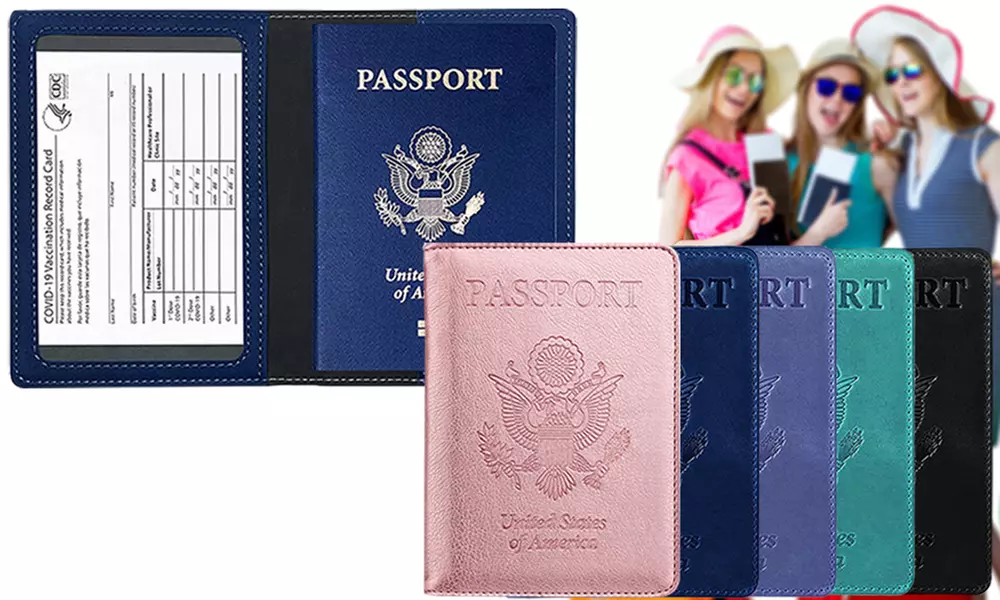 RFID Multi-function Leather Passport  and  CDC Vaccination Card Slot  - Primary Image