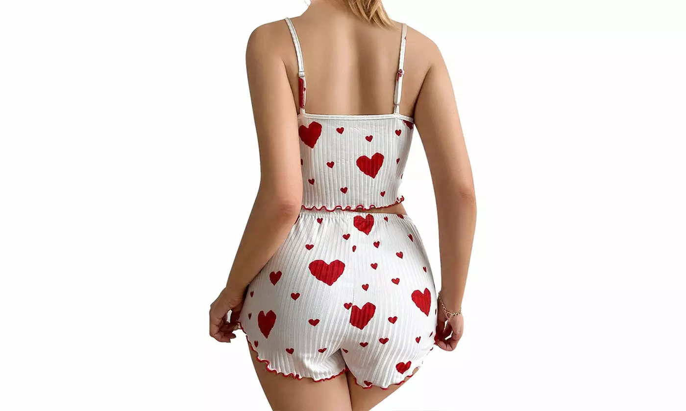 Women 2-Piece Cute Heart Print Pajama Set Cami Top & Shorts Summer Sleepwear