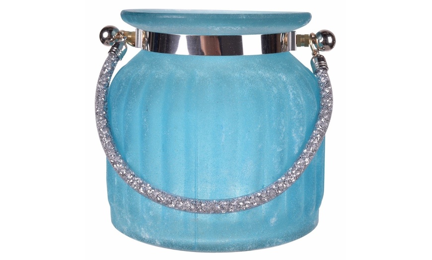 Image 1: Light Blue Frosted Vase With Handle.