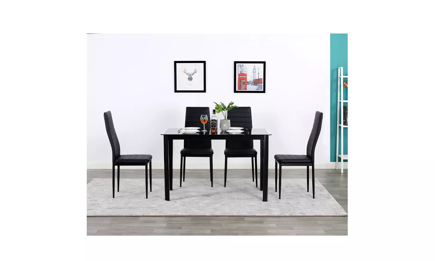 Rectangle Tempered Glass Table & 4 High Backrest Dining Chairs Black - Primary Image