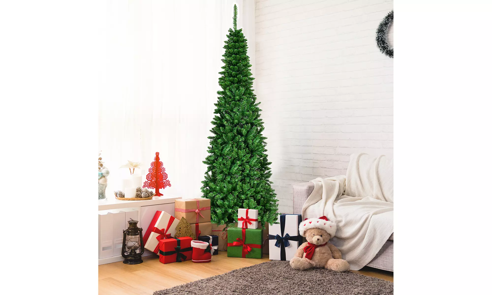 Costway 6.5ft Pre-Lit Hinged Artificial Pencil Christmas Tree with 250  Lights