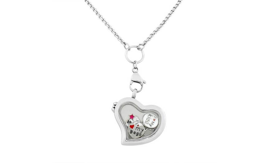 Image 1: Stainless Steel Silver-Tone Floating Charms Love Heart Dogs Mom Locket Pendant