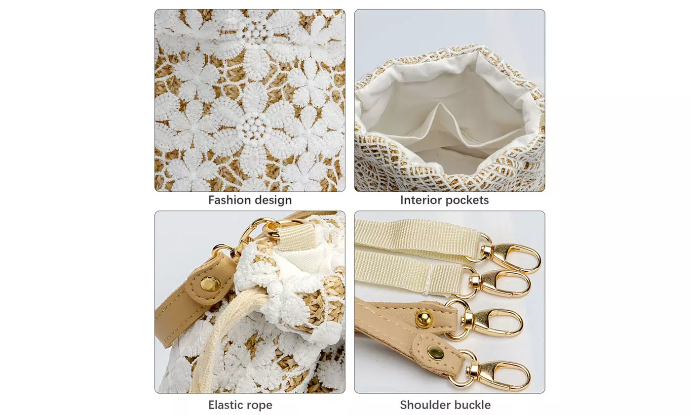 Women Woven Handbag Summer Beach Tote Straw Bag Square Rattan Shoulder Bag