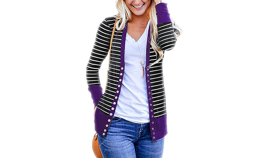 Image 2: Striped Jacket Coats Long Sleeve Single Breasted Button Patchwork Stripe Coats 