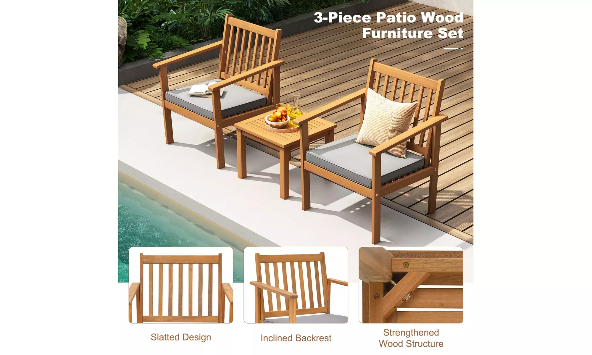 Costway 3 PCS Patio Wood Furniture Set Acacia Wood Chairs & Coffee Table
