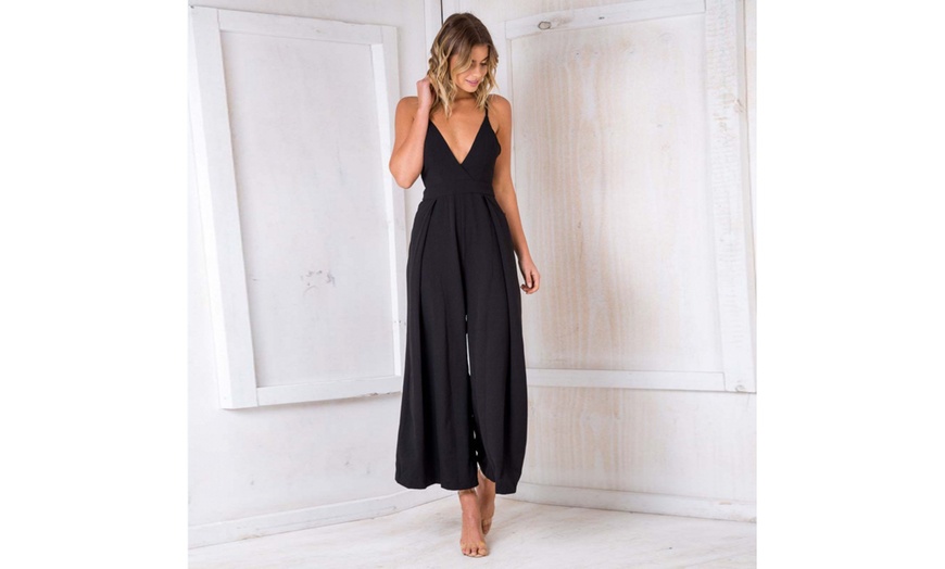 Image 6: Women's Jumpsuits Rompers Deep V Neck Strappy Backless Bow Knot Loose Jumpsuits