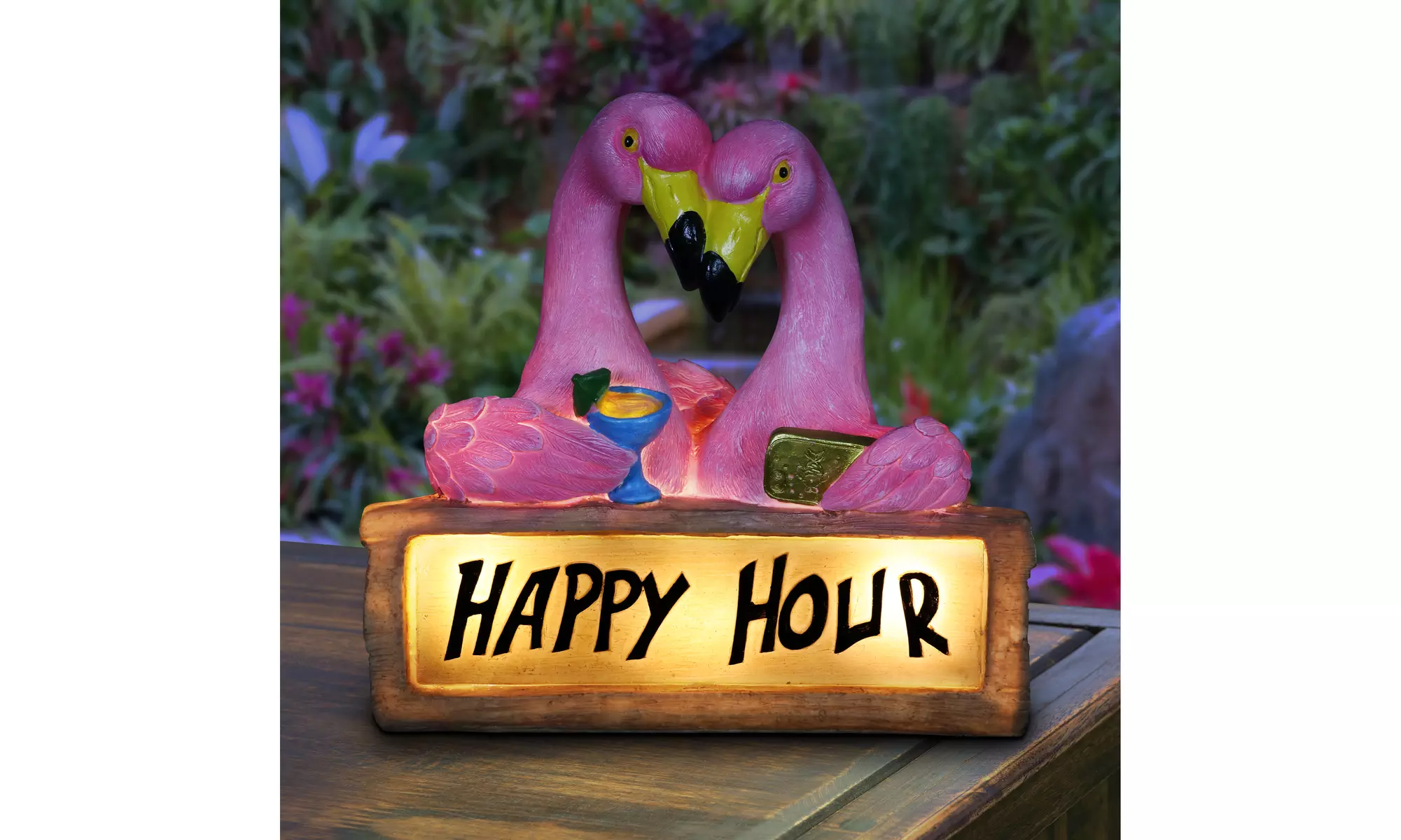 Exhart Solar Happy Hour Flamingos Sign, 10 Inch - Primary Image
