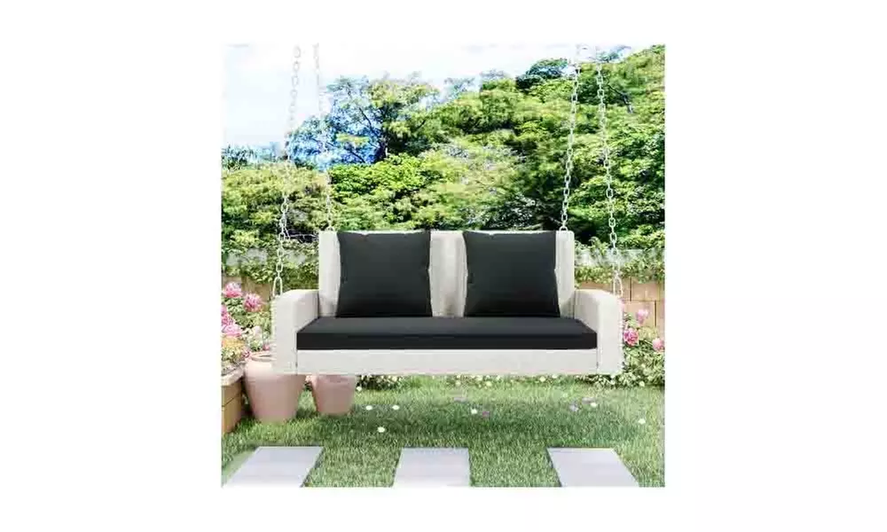 2-Person Wicker Hanging Porch Swing with Chains, Cushion, Pillow - Primary Image