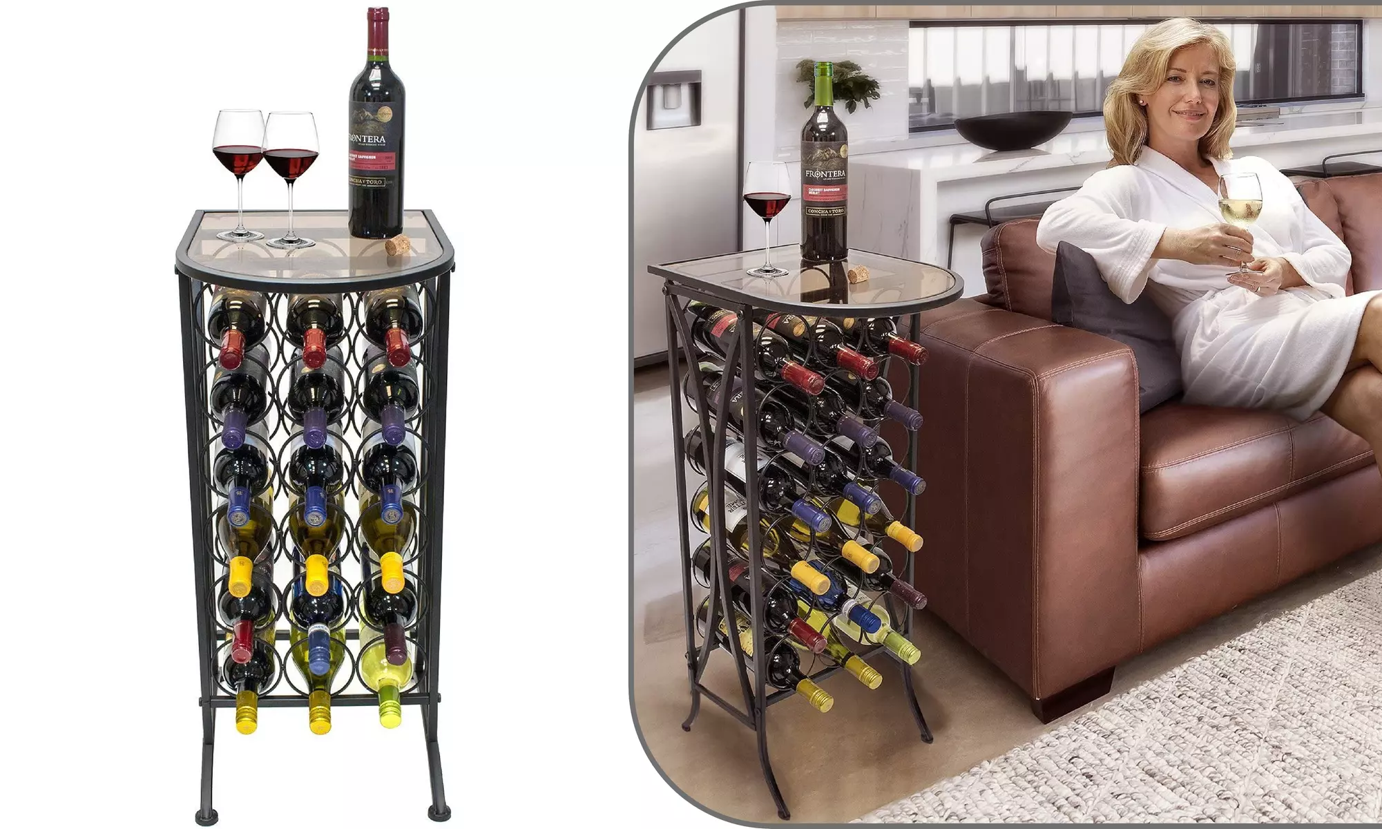 Wine Rack Stand Bordeaux Chateau Style w/ Glass Table, Elegant Top Shelf Display - Primary Image