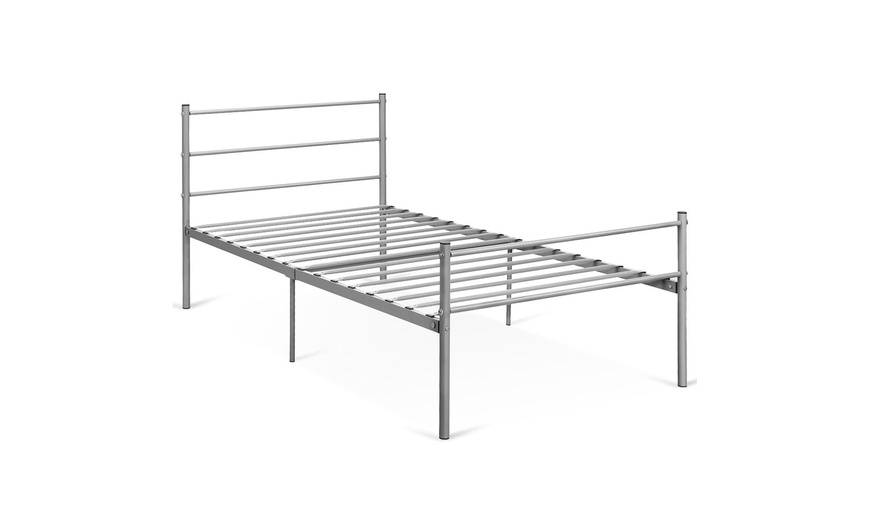 Image 18: Black Twin Size Metal Bed Frame Platform 6 Legs Headboards Furniture