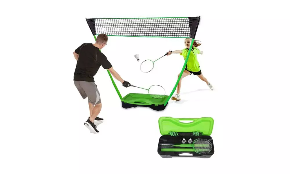 Portable Badminton Net Set Storage Box Base with 2 Battledores 2 Shuttlecocks - Primary Image