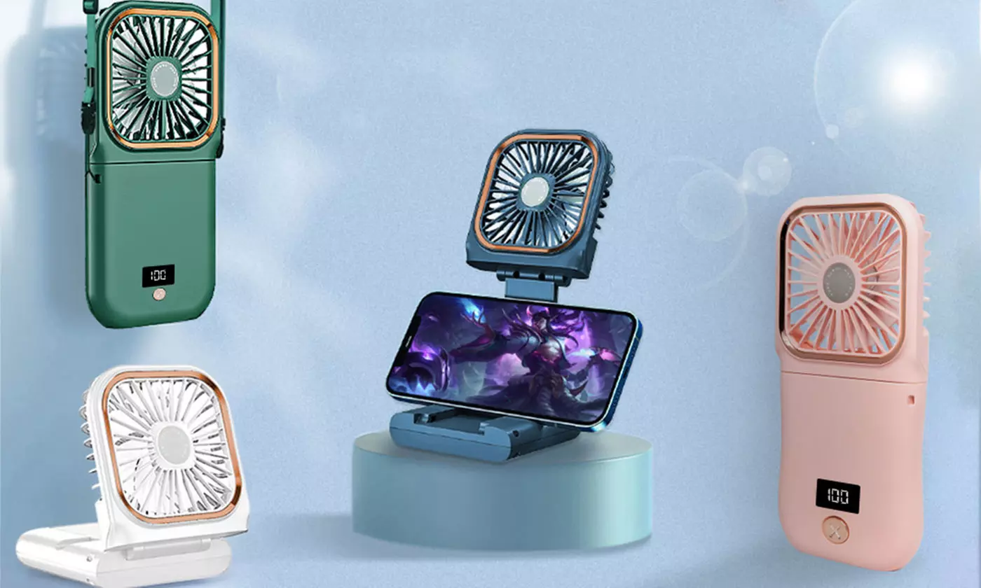 USB Foldable Personal Handheld Fan with Phone Bracket & Power Bank