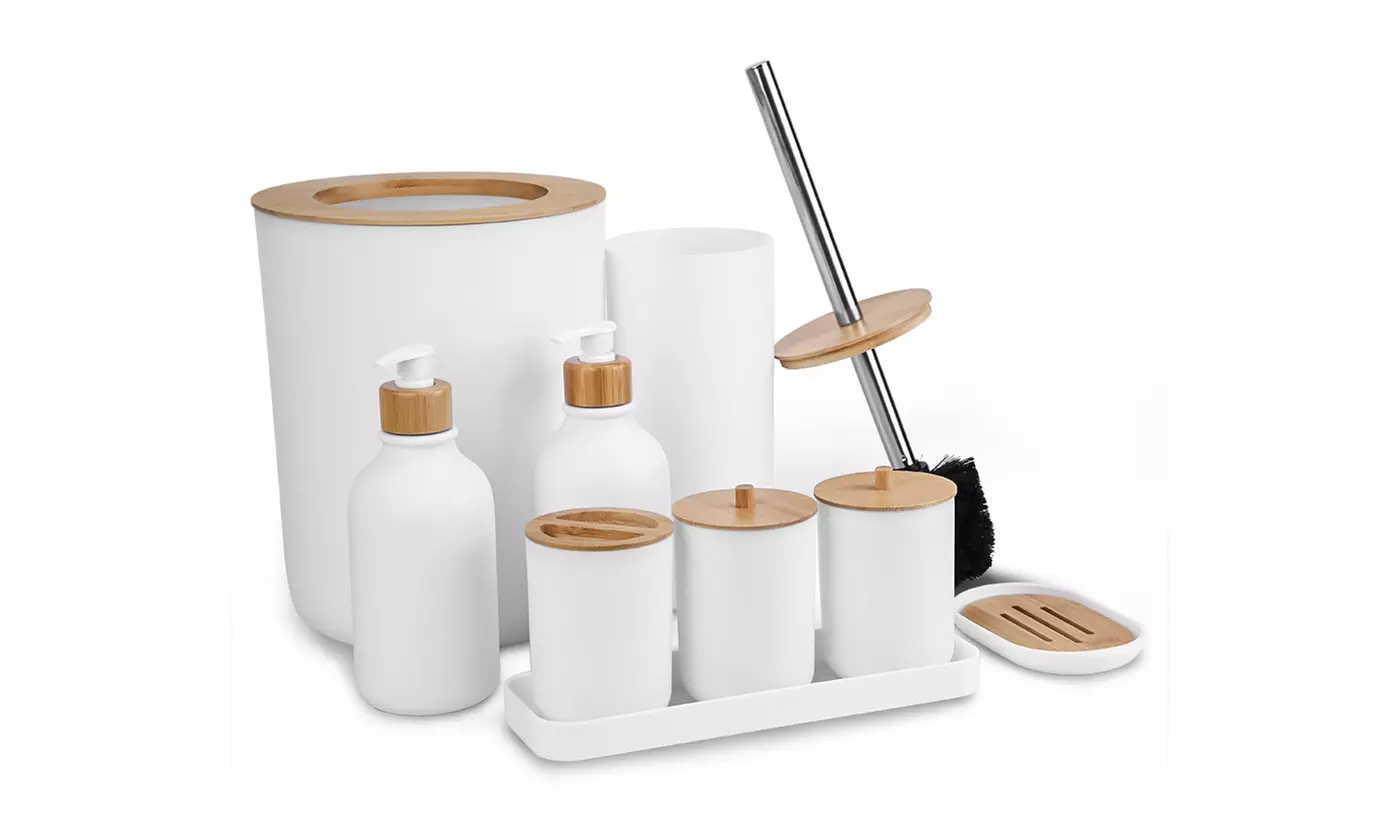 NewHome Bathroom Accessory Set Plastic & Bamboo Bathroom Accessories (9-Piece)