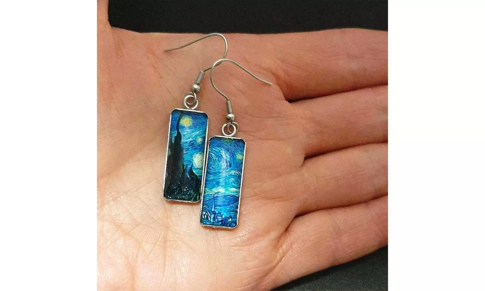 US Rectangle Starry Sky Sunflower Van Gogh Painting Glass Drop Dangle Earrings - Primary Image