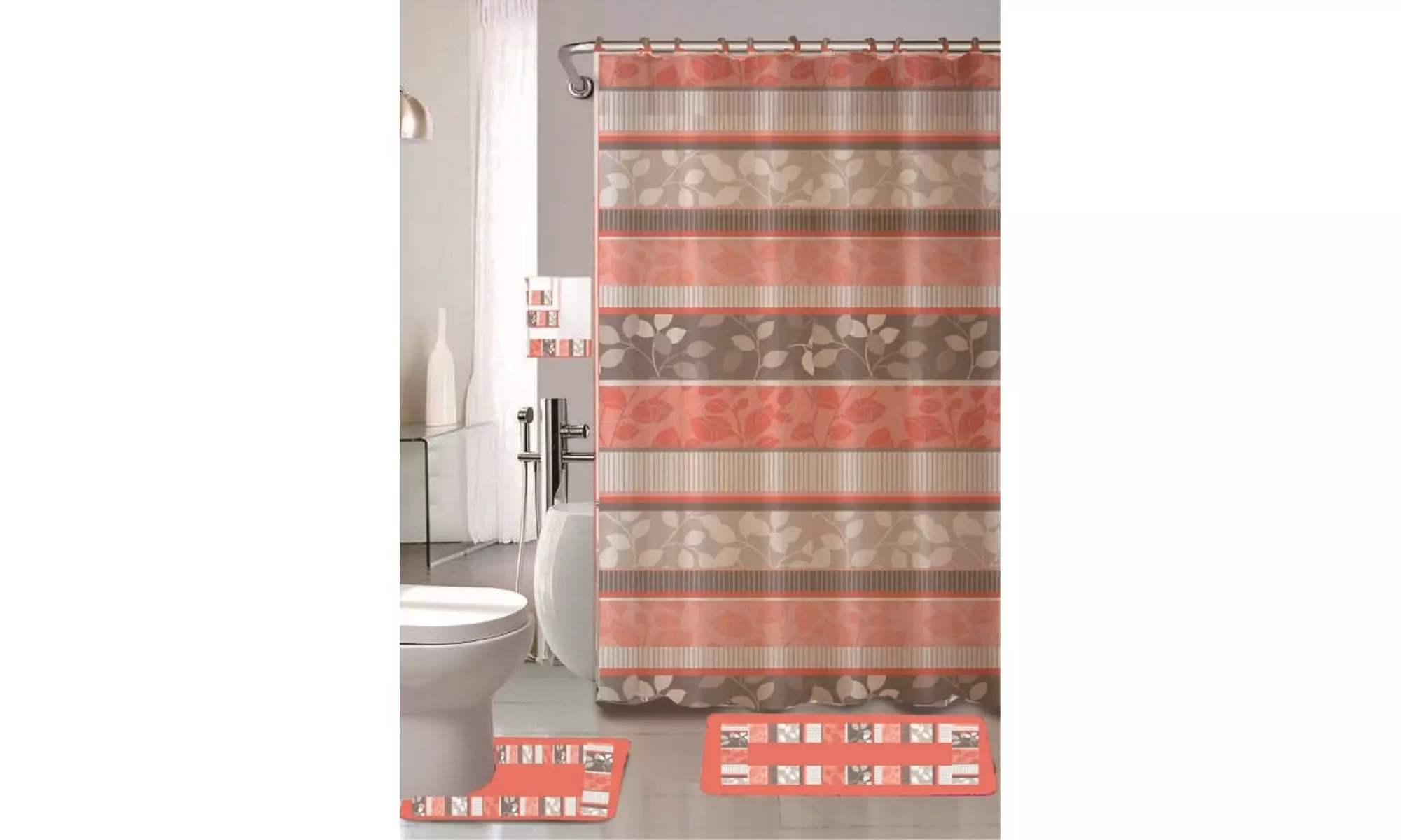 18 Piece Bathroom Set: 2 Rugs/1 Shower Curtain/12 Rings/3 Decorative Towel Set - Primary Image