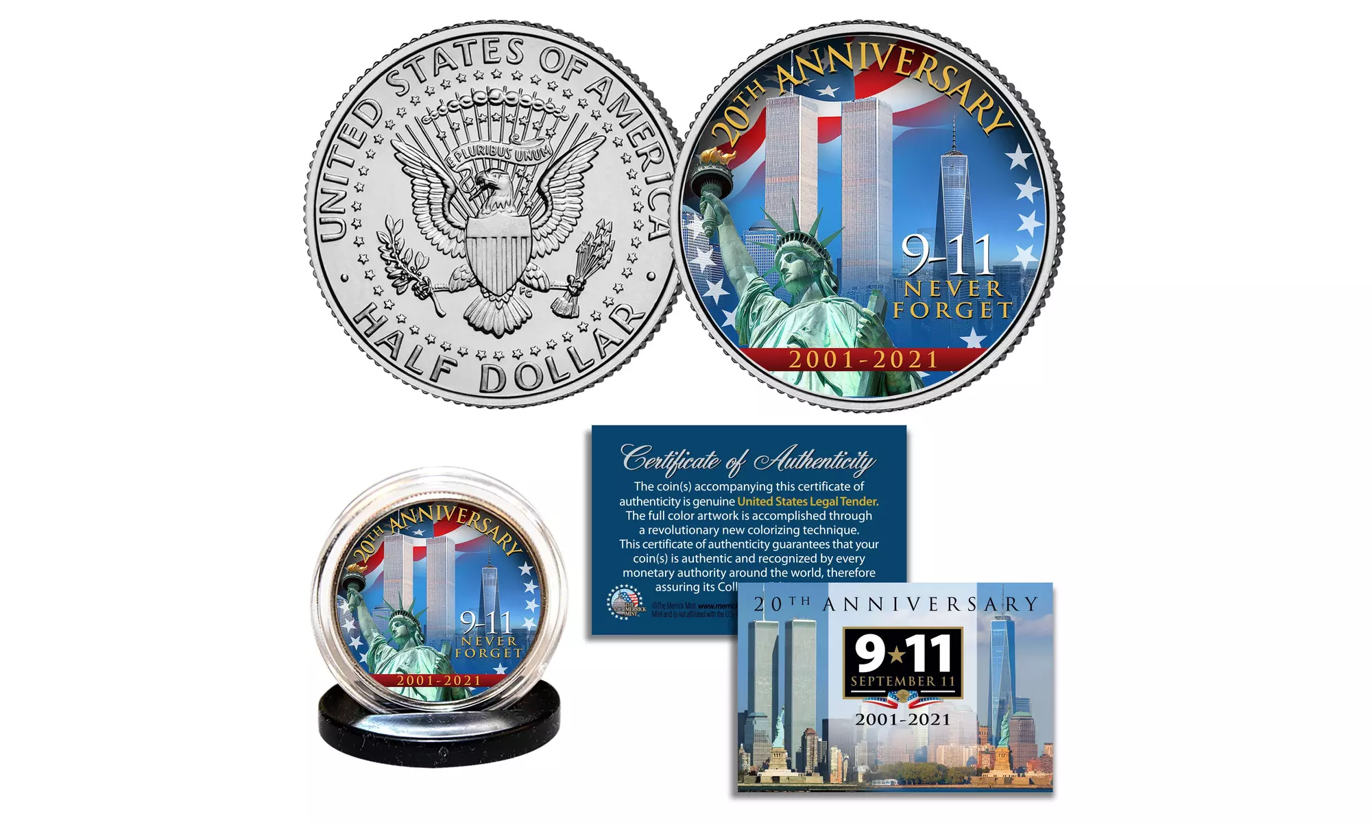9-11 World Trade Center 20th Anniversary JFK Half Dollar Coin *Statue of Liberty - Primary Image