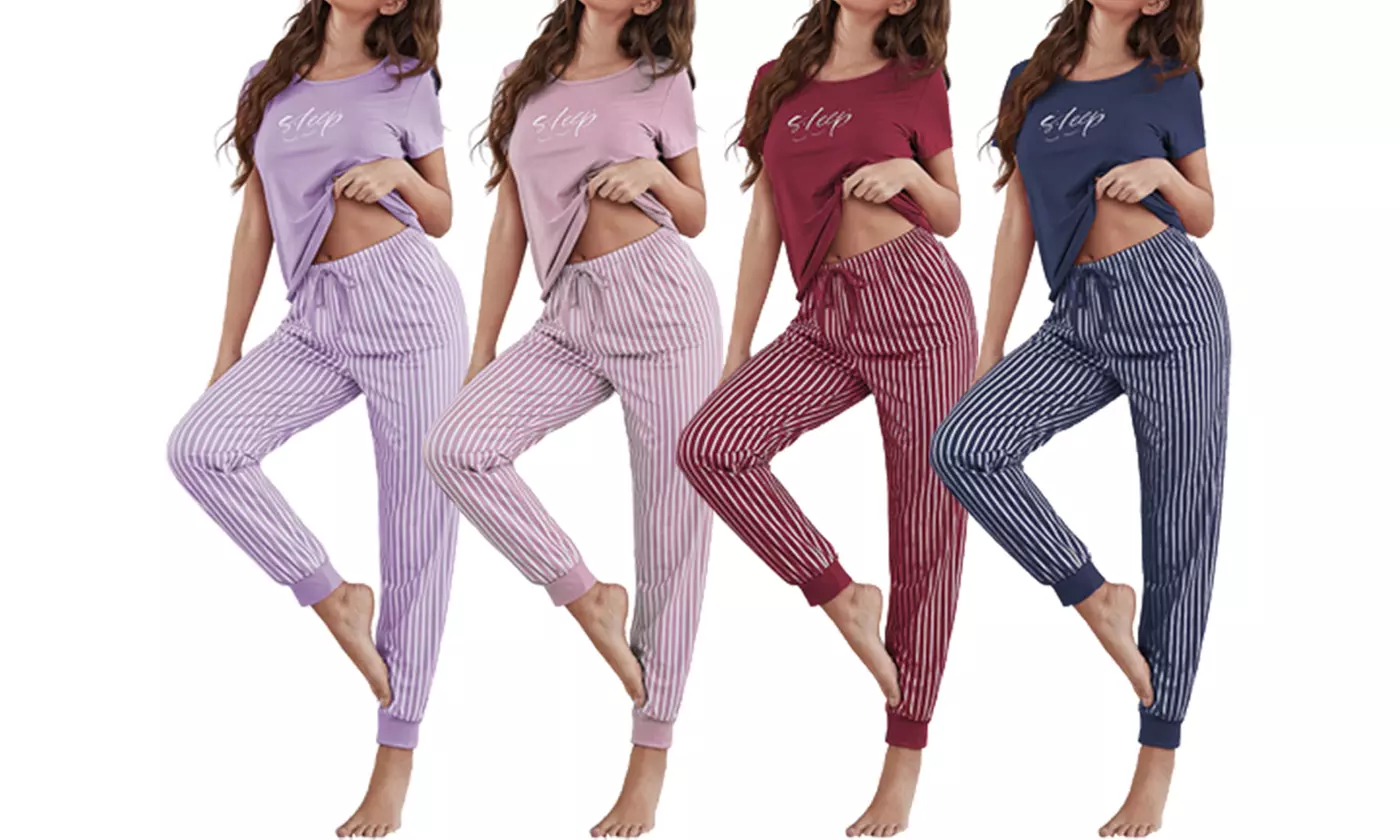 Women's Letter Graphic Tee & Striped Pants PJ Set - Primary Image