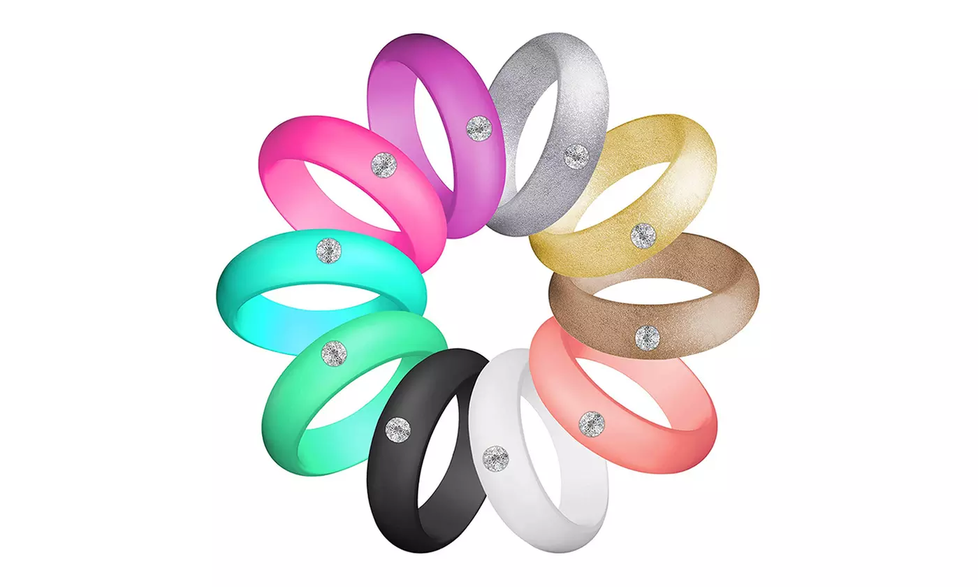 10 Pcs Women Silicone Diamond Wedding Rubber Ring Band Solitaire Rhinestone 