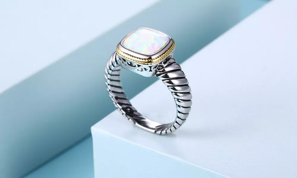 Fire Opal Oxidized Rhodium Plating Engagement Ring by Gembassy - Primary Image