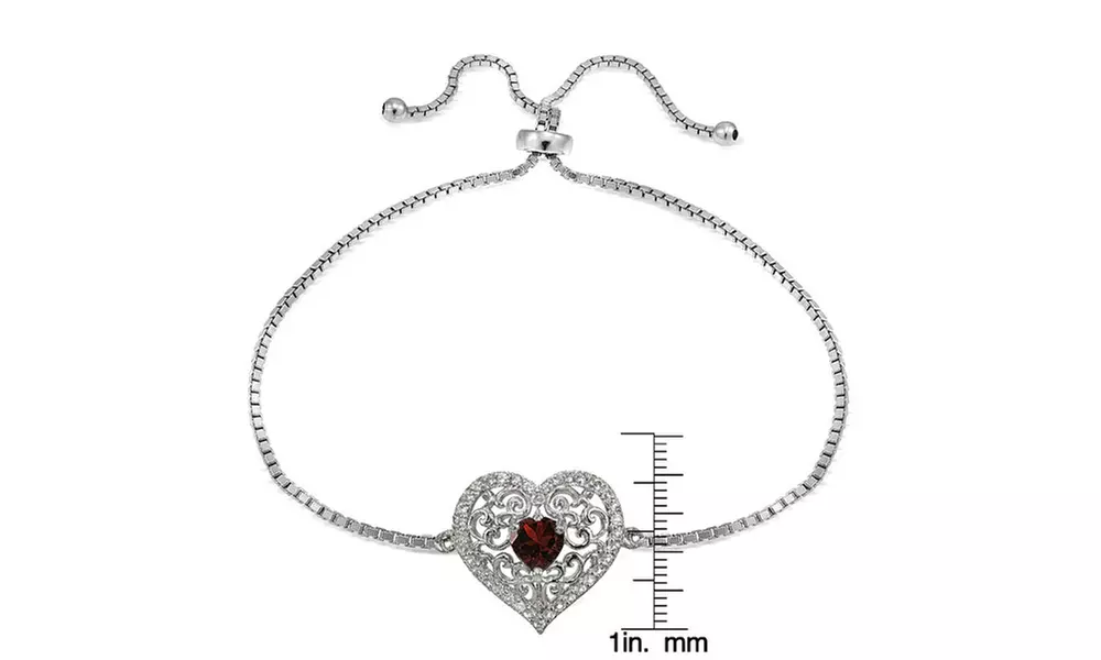 Sterling Silver Garnet and White Topaz Filigree Heart Adjustable Bracelet