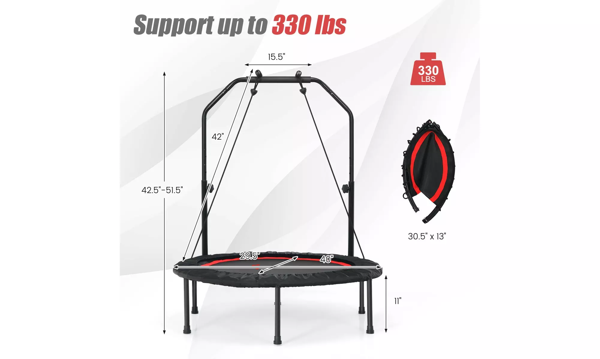 40" Foldable Trampoline Fitness Rebounder w/ Resistance Bands Adjustable Home