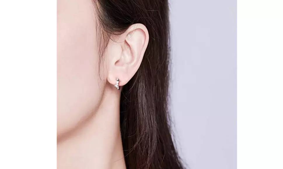925 Sterling Silver Stars Huggies Cubic Zirconia Small Hoop Earrings  - Second Medium