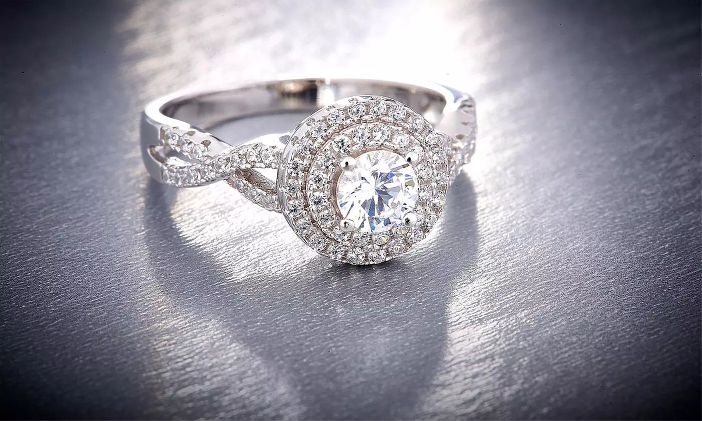 Sterling Silver Double Halo Frame Round-cut Swarovski & CZ Twisted Shank Ring