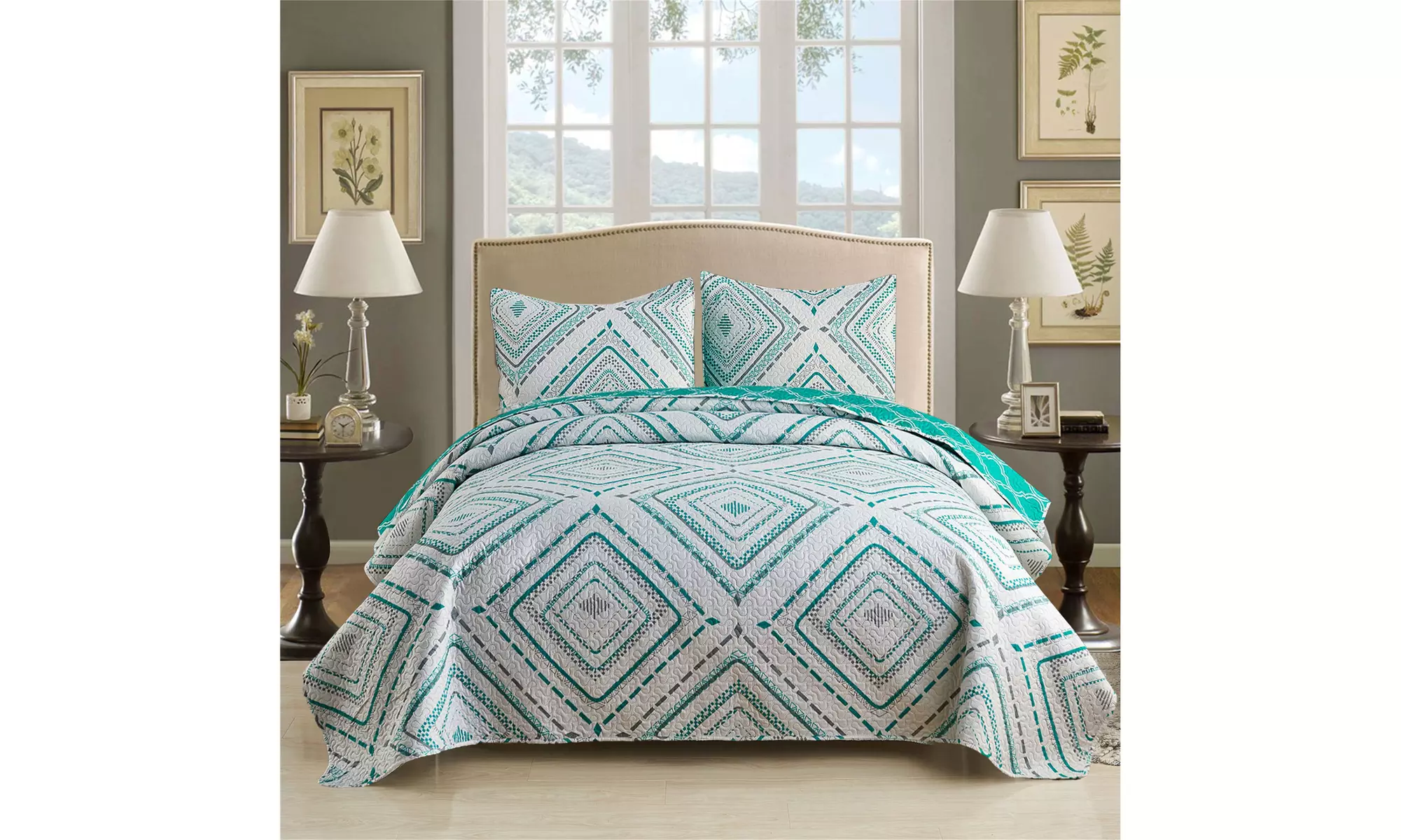 JML 3-Piece Reversible Quilt Set,Home Collection Printed Bedspread With 2 Shams