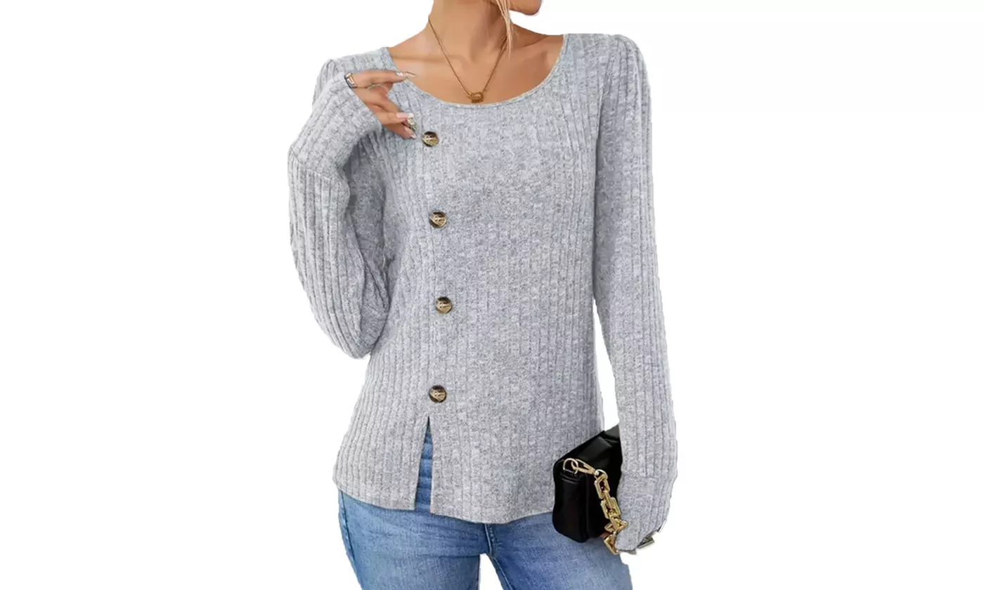 Women's Side Button Ribbed Knit Long Sleeve Tunic Tops