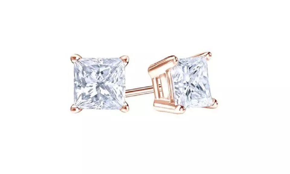 14k Genuine Rose Gold 2 Ct Princess White Sapphire Stud Earrings - Second Medium