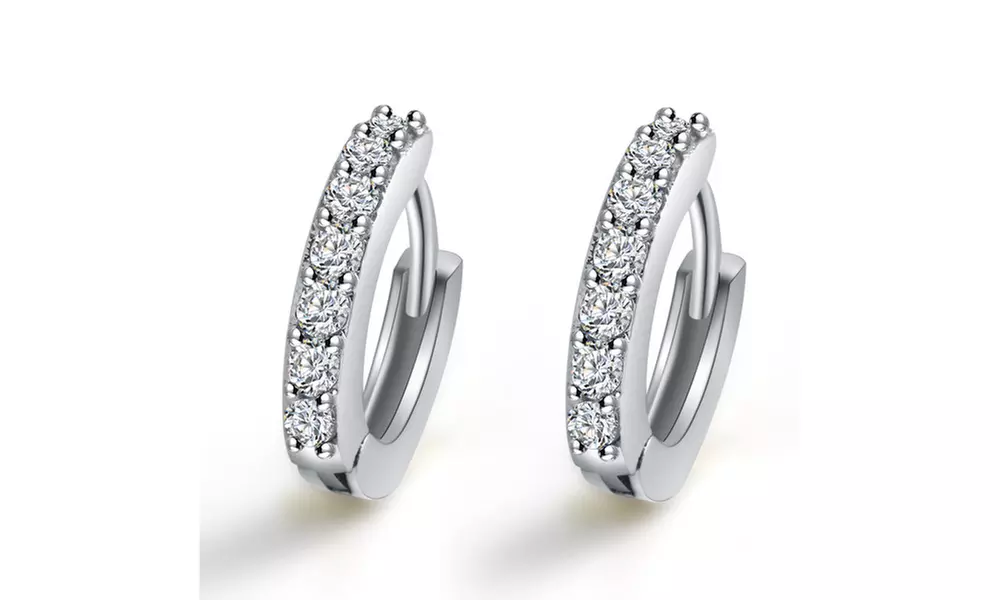 Sterling Silver or Rose Gold Genuine Crystal Huggie Hoop Earring