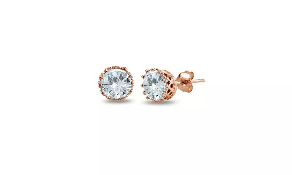 Nano Aquamarine Round Crown Solitaire Stud Earrings in Sterling Silver - Primary Image