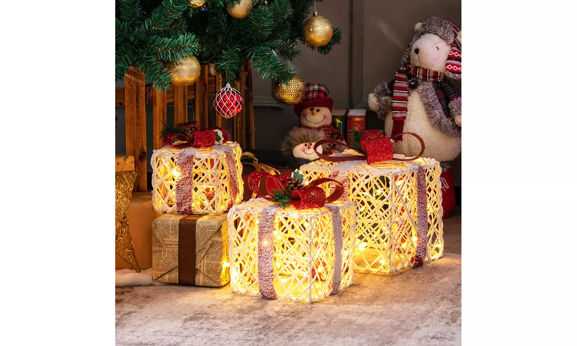 Costway Set of 3 Christmas Lighted Gift Boxes, Indoor Present Box Holiday