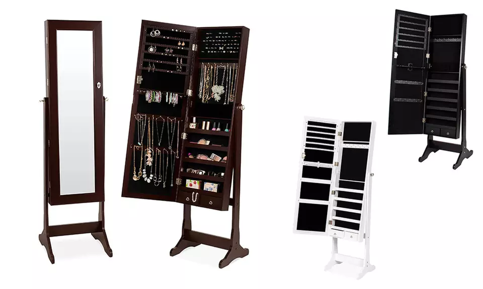 Standing Mirror Armoire & Jewelry Storage Organizer w/Velvet Interior - Primary Image