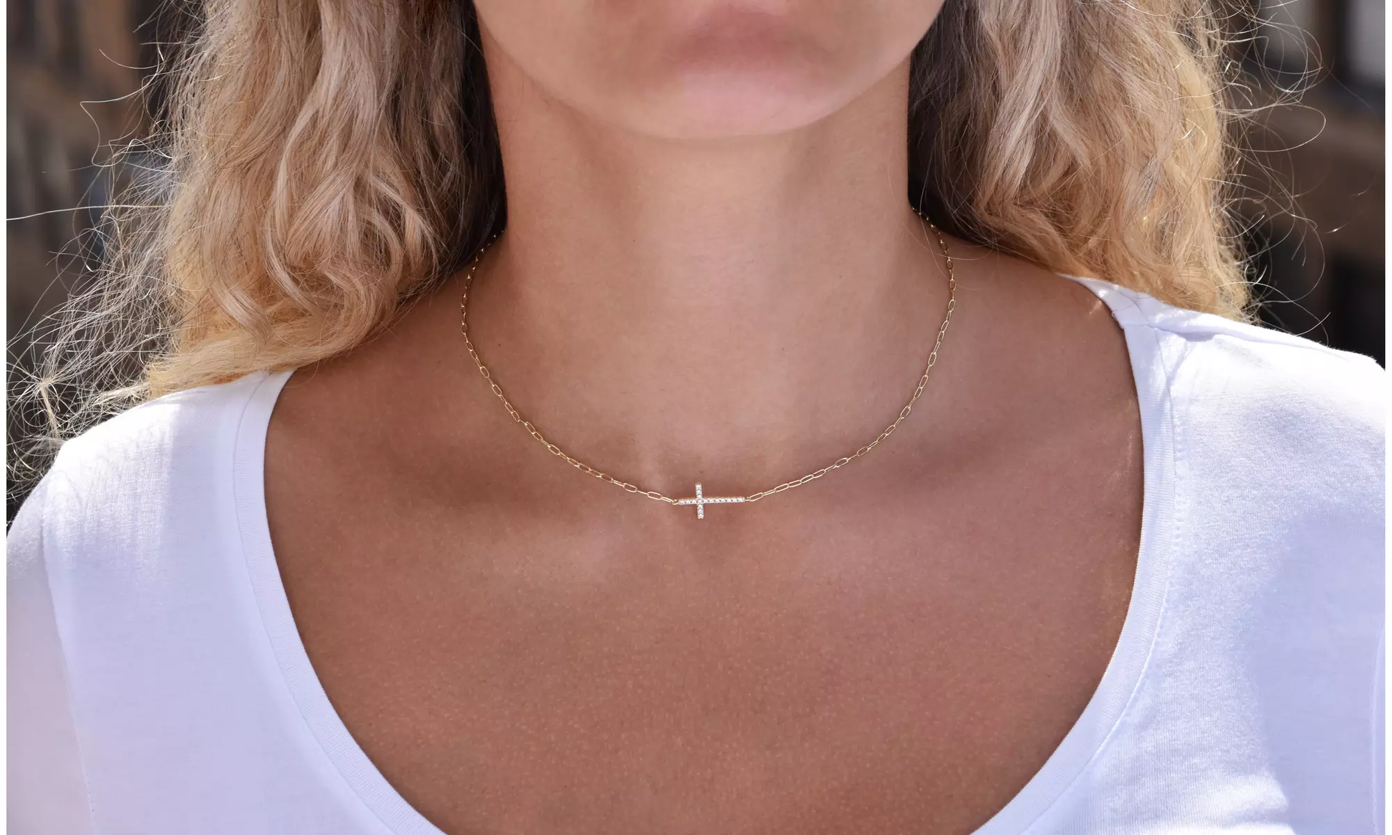 Sterling Silver Dainty Paperclip Sideways Cross Necklace - Second Medium