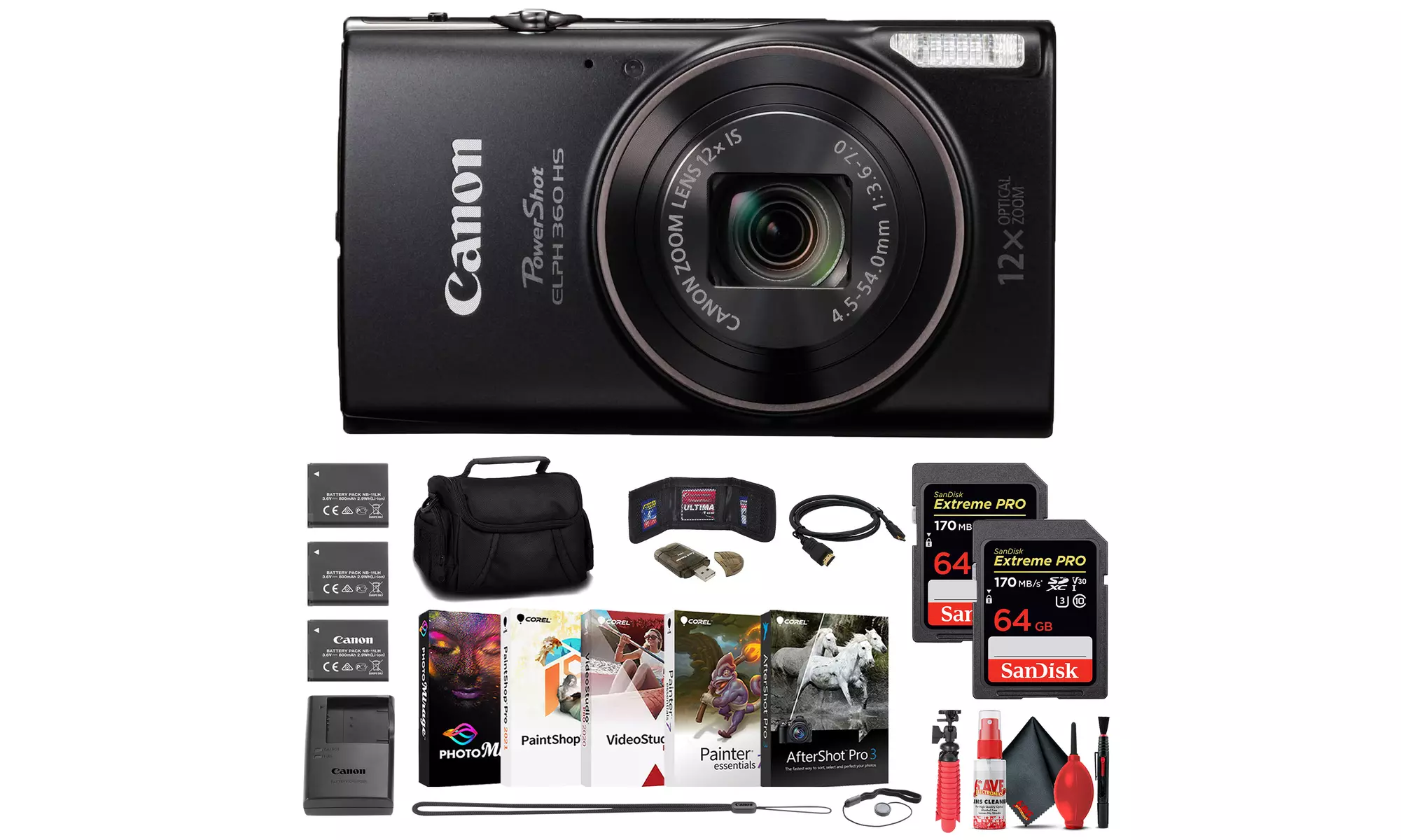 Canon PowerShot ELPH 360 HS Digital Camera,  2 x 64GB Card,  2 x Battery & More - Primary Image