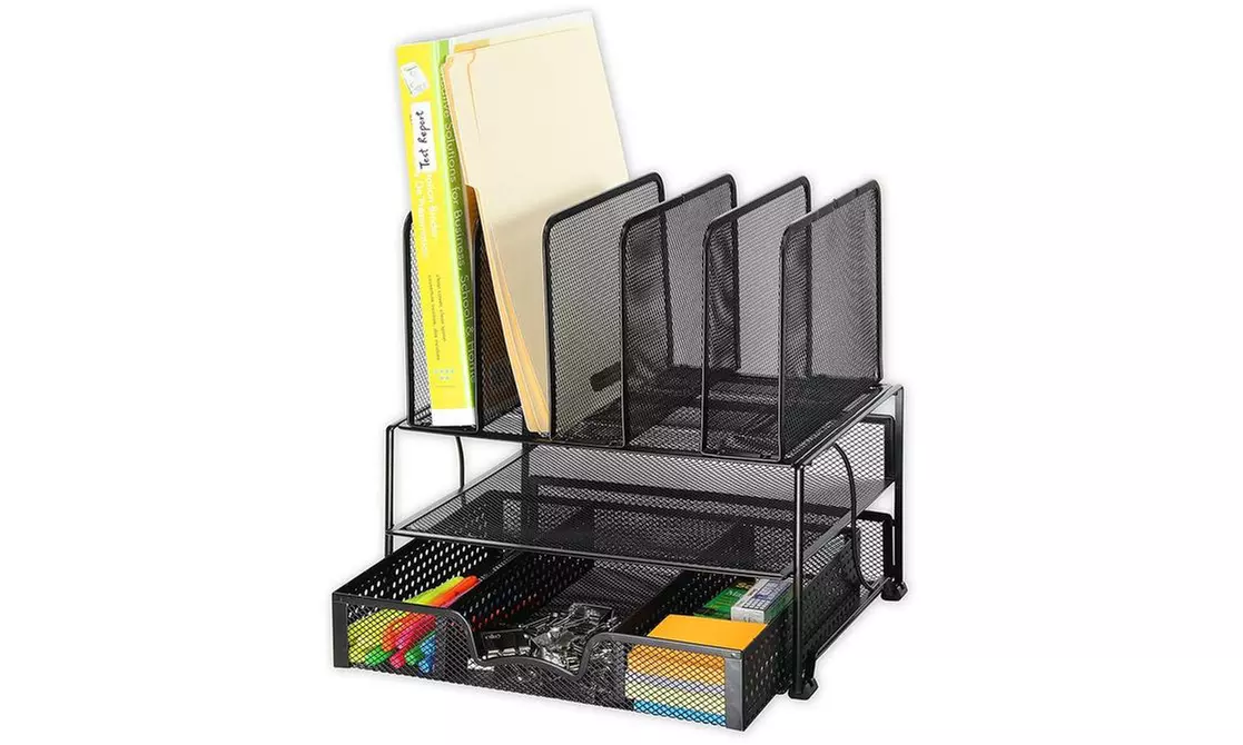 Mesh Desk Organizer with Sliding Drawer Double Tray and 5 Upright Sections Black - Second Medium