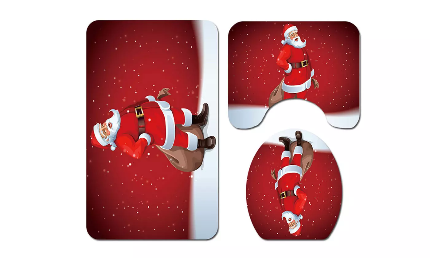 3pcs Christmas Toilet Seat Cover Rug Set Santa Claus Bathroom Mat Xmas Decor