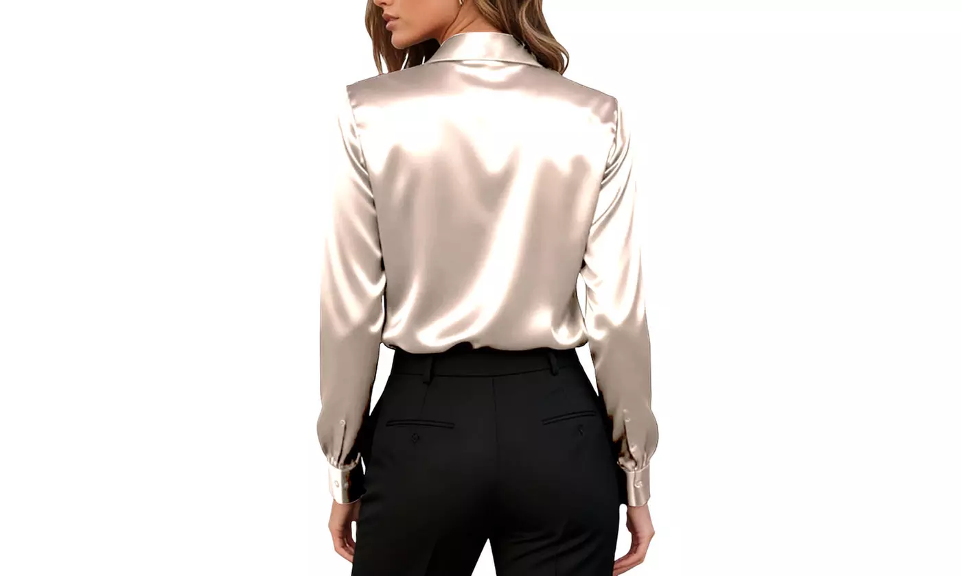Women's Satin Button-Down Shirt Wrinkle-Free Soft Long Sleeve Blouse