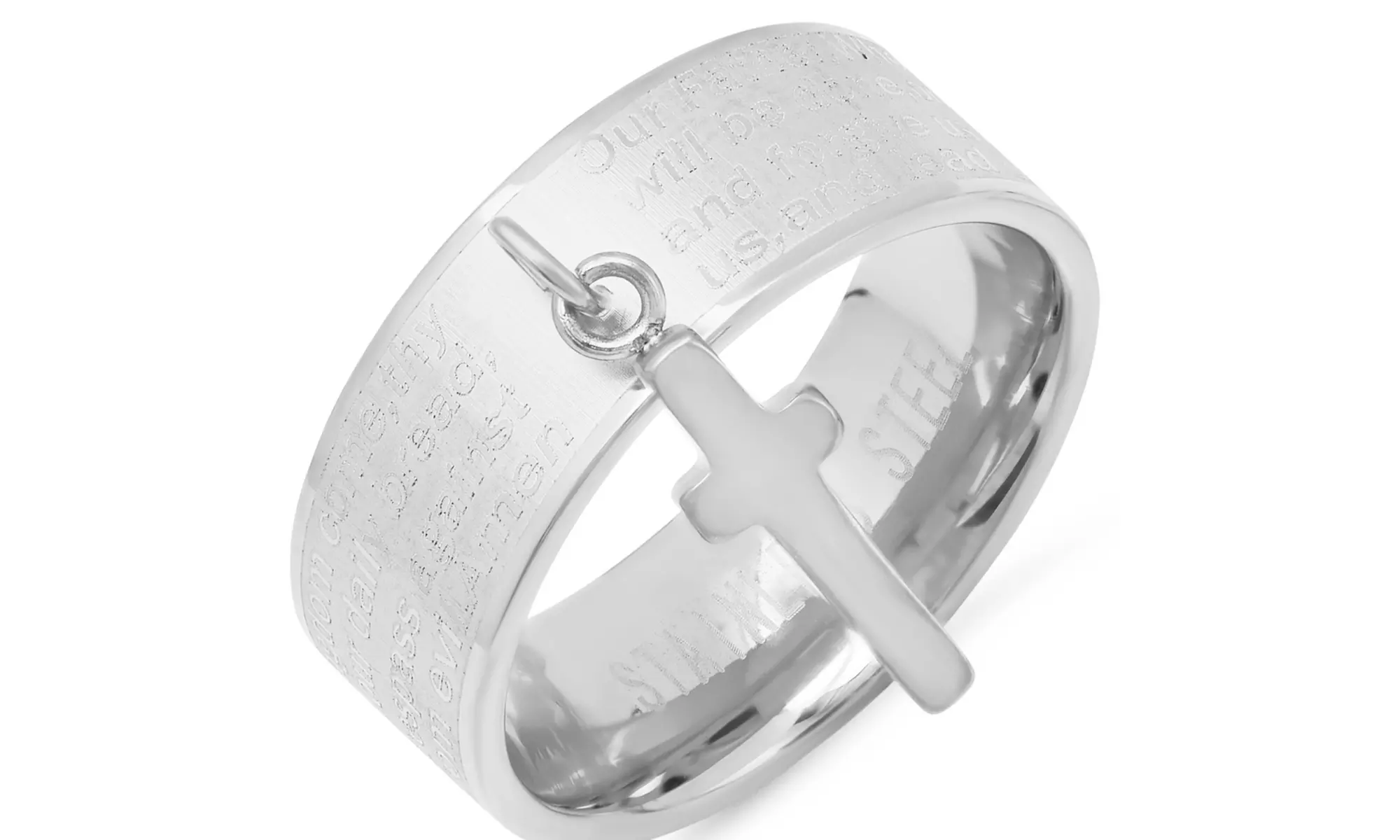 Ladies Stainless Steel Our Father English Prayer Band Ring With Cross Charm