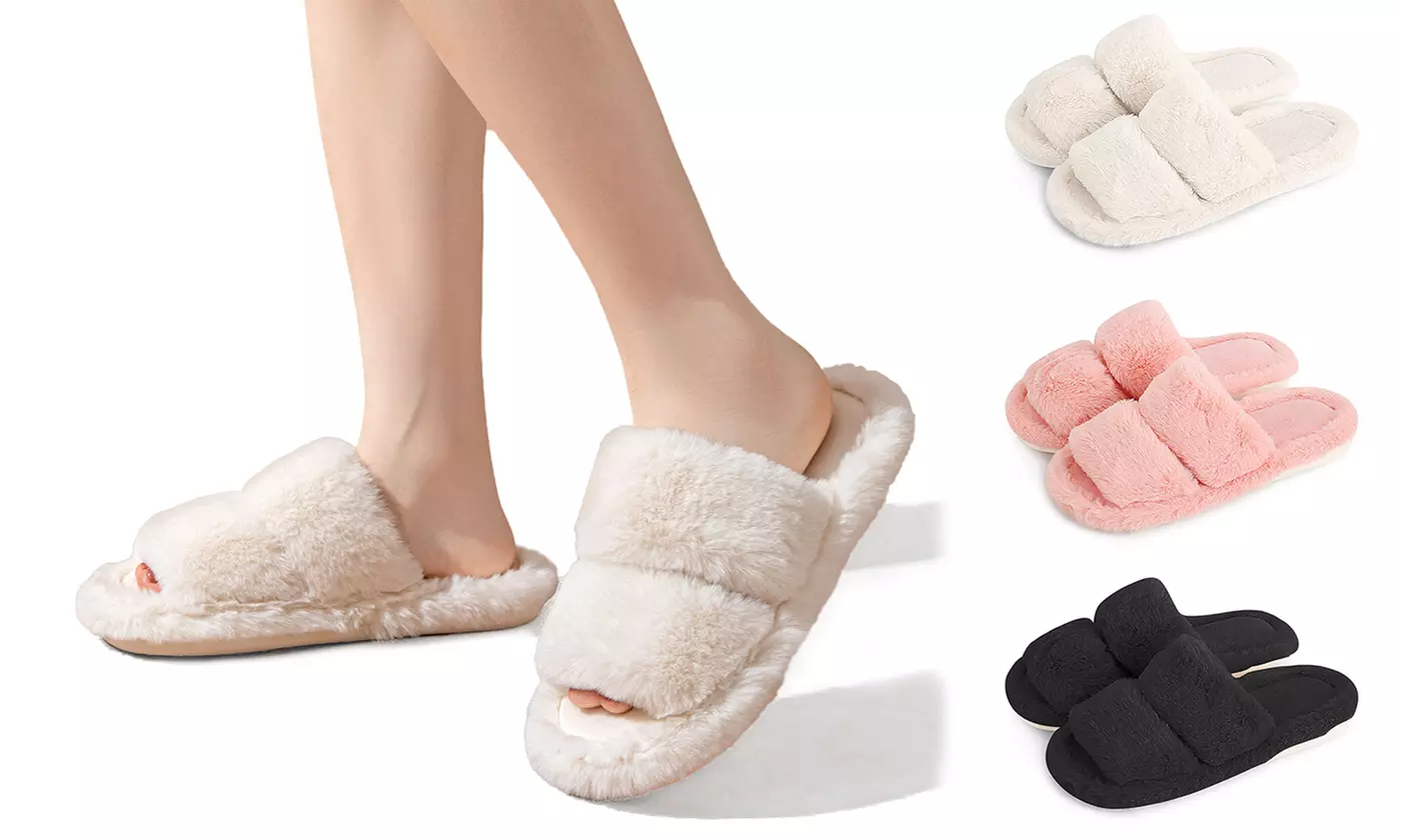 Women's Slippers Memory Foam Fuzzy House Shoes Bedroom Indoor Open Toe Slippers - Primary Image