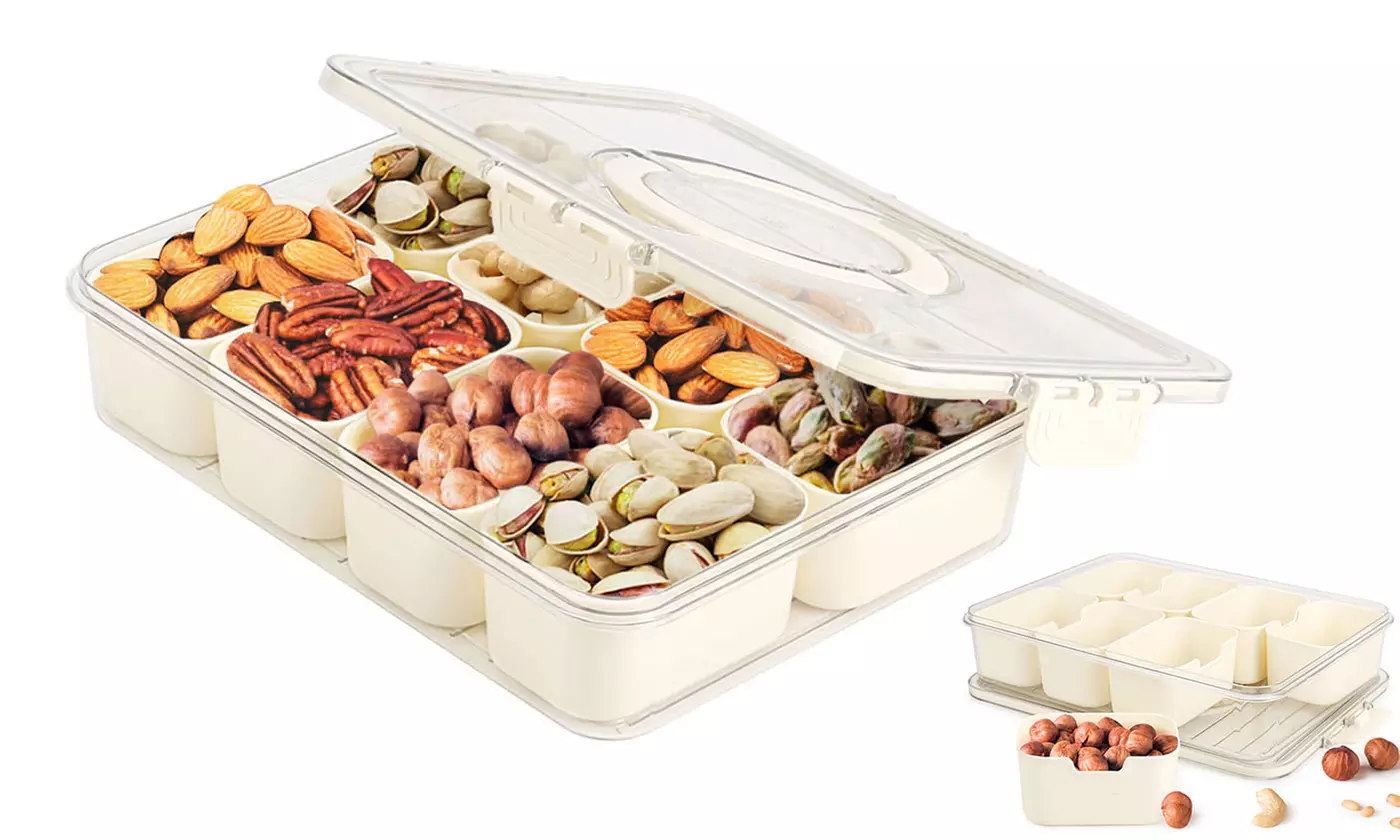 8 Compartments Divided Clear Snack Box Serving Tray with Lid and Handle - Primary Image