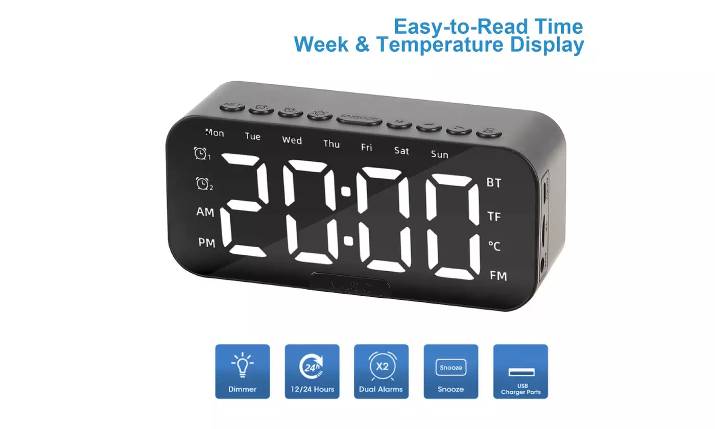 Digital Smart Alarm Clock with Bluetooth Speaker Dimmable LED Display