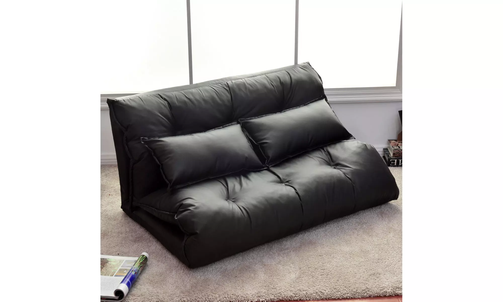 PU Leather Foldable Modern Leisure Floor Sofa Bed Video Gaming 2 Pillows Black
