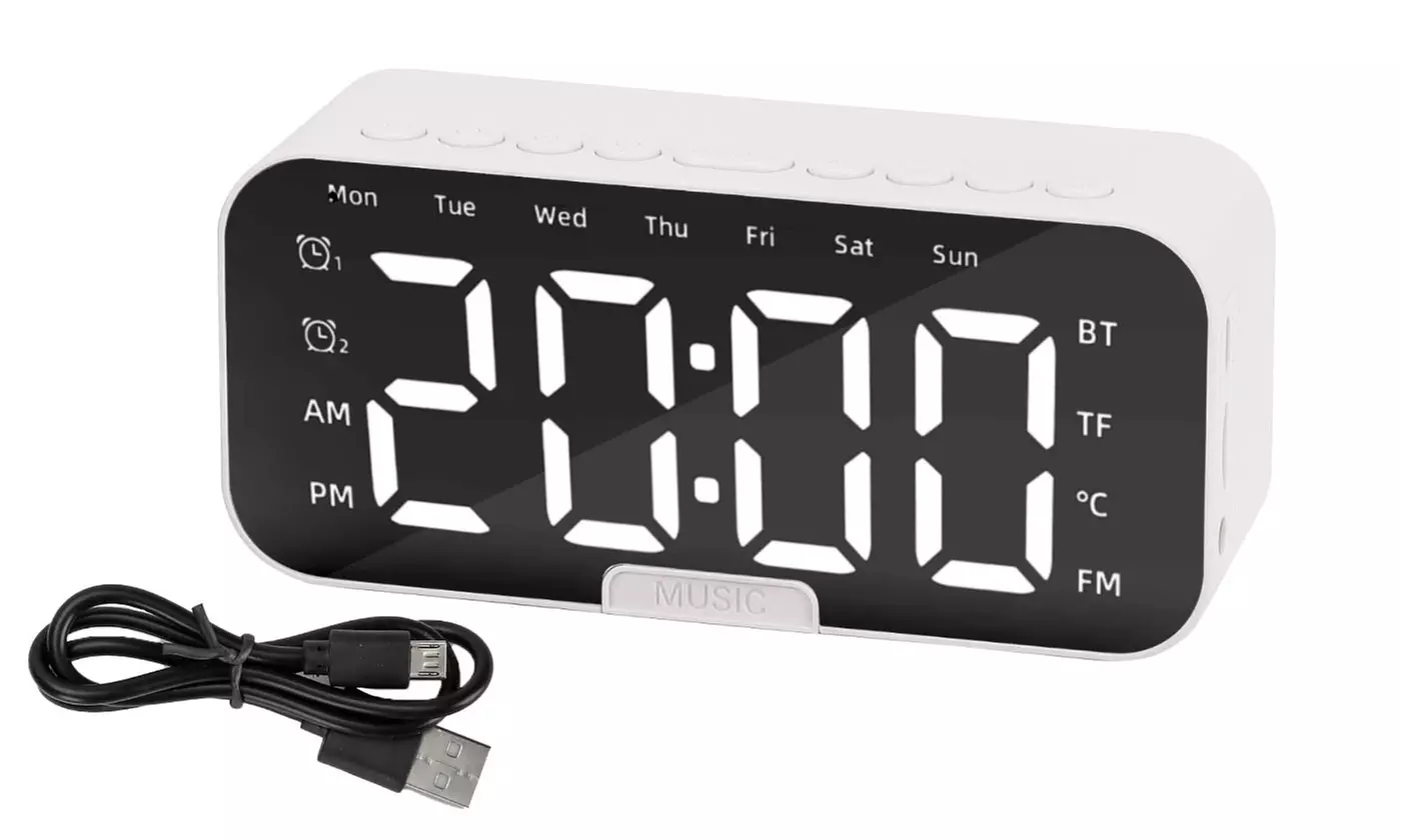 Portable Digital Alarm Clock FM Radio Wireless Bluetooth Mirror LED With Speaker