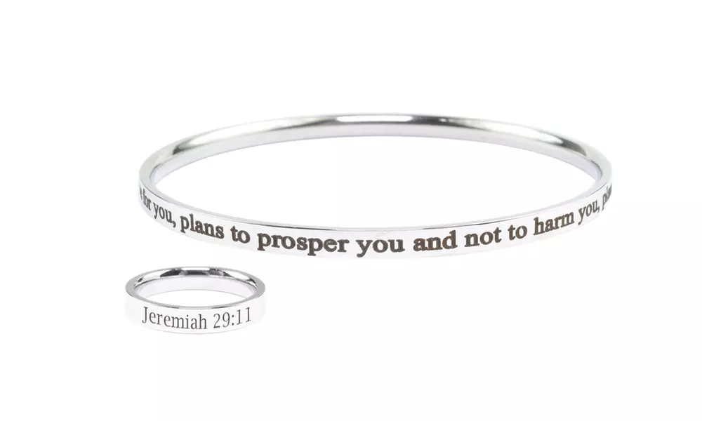 Holy Scripture Bangle and Ring Set in Solid Stainless Steel by Pink Box - Primary Image