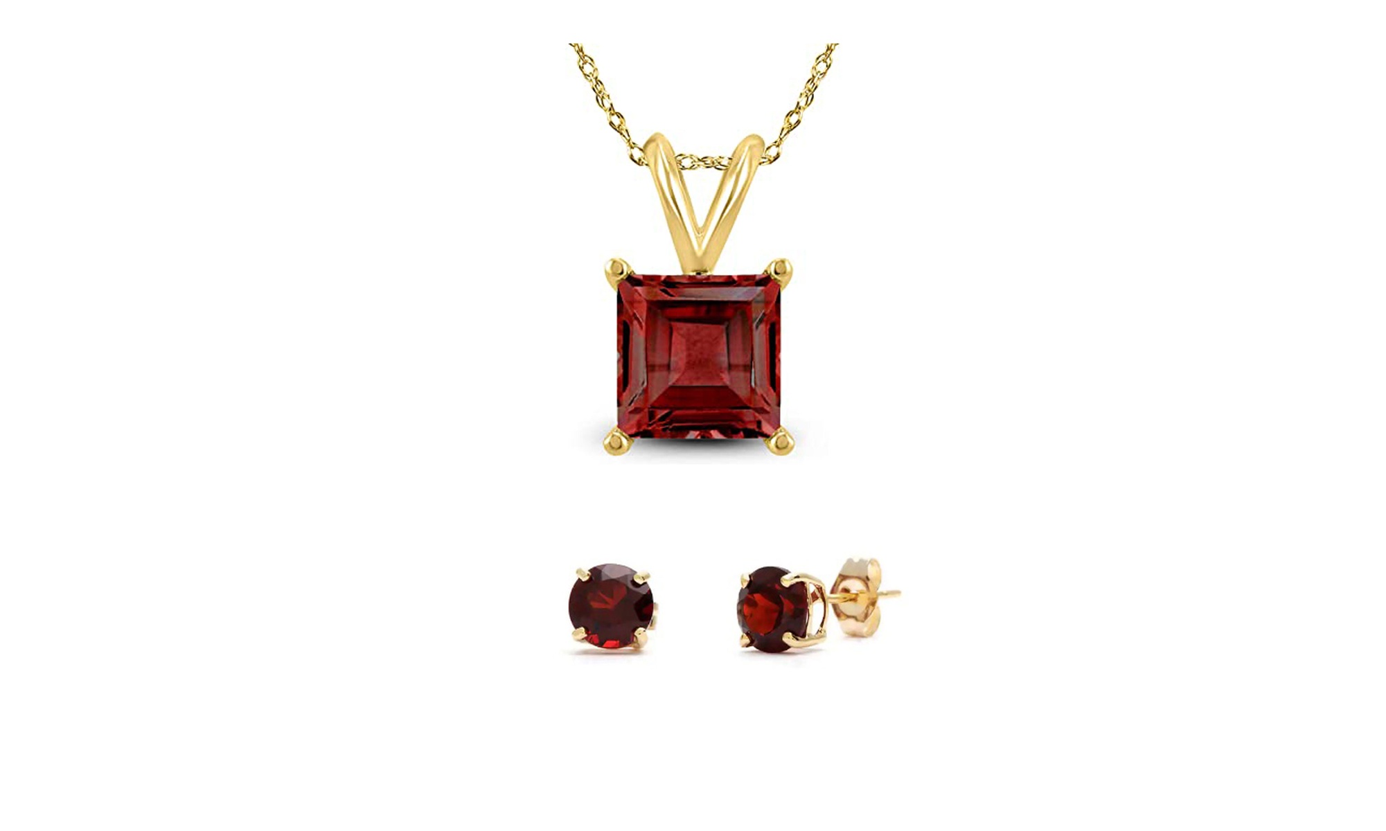 18K Yellow Gold plated Garnet Princess Cut 18 Inch Necklace & Round Earrings Set