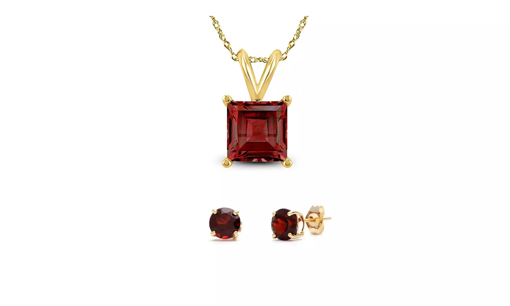 18K Yellow Gold plated Garnet Princess Cut 18 Inch Necklace & Round Earrings Set