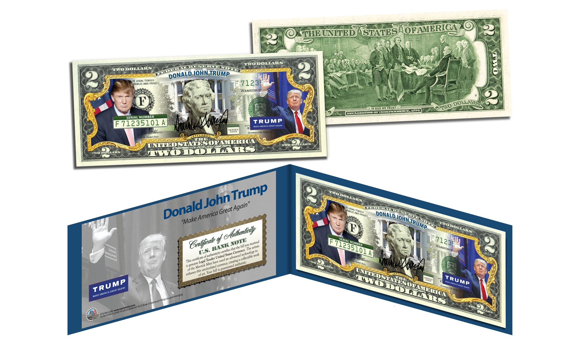 Donald Trump "Make America Great Again" Genuine Legal Tender 2.00 Dollar Bill